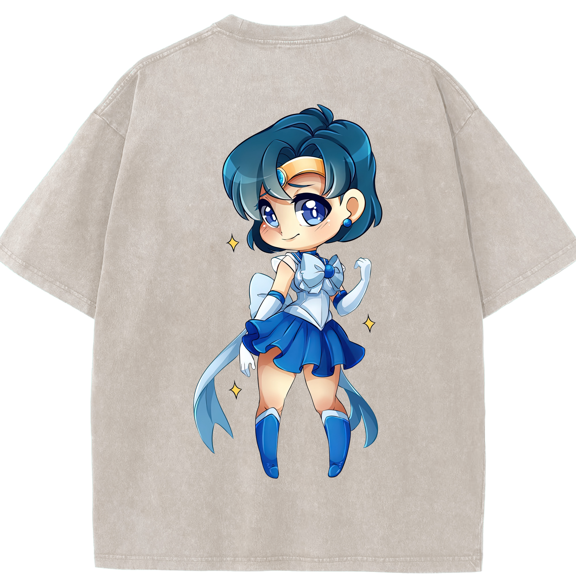 （画像用） 美少女戦士セーラームーン 水野 亜美 みずの あみ Sailor Moon Mizuno Ami 綿100% ヴィンテージ風 半袖Tシャツ（背面プリント）