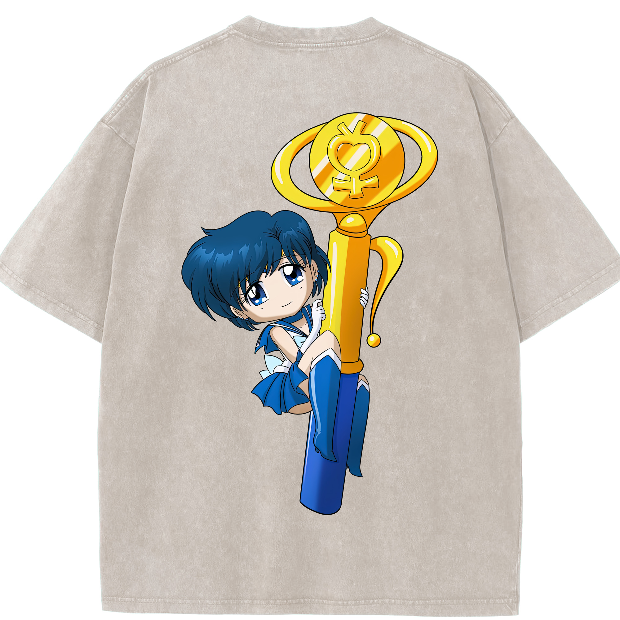 （画像用） 美少女戦士セーラームーン 水野 亜美 みずの あみ Sailor Moon Mizuno Ami 綿100% ヴィンテージ風 半袖Tシャツ（背面プリント）