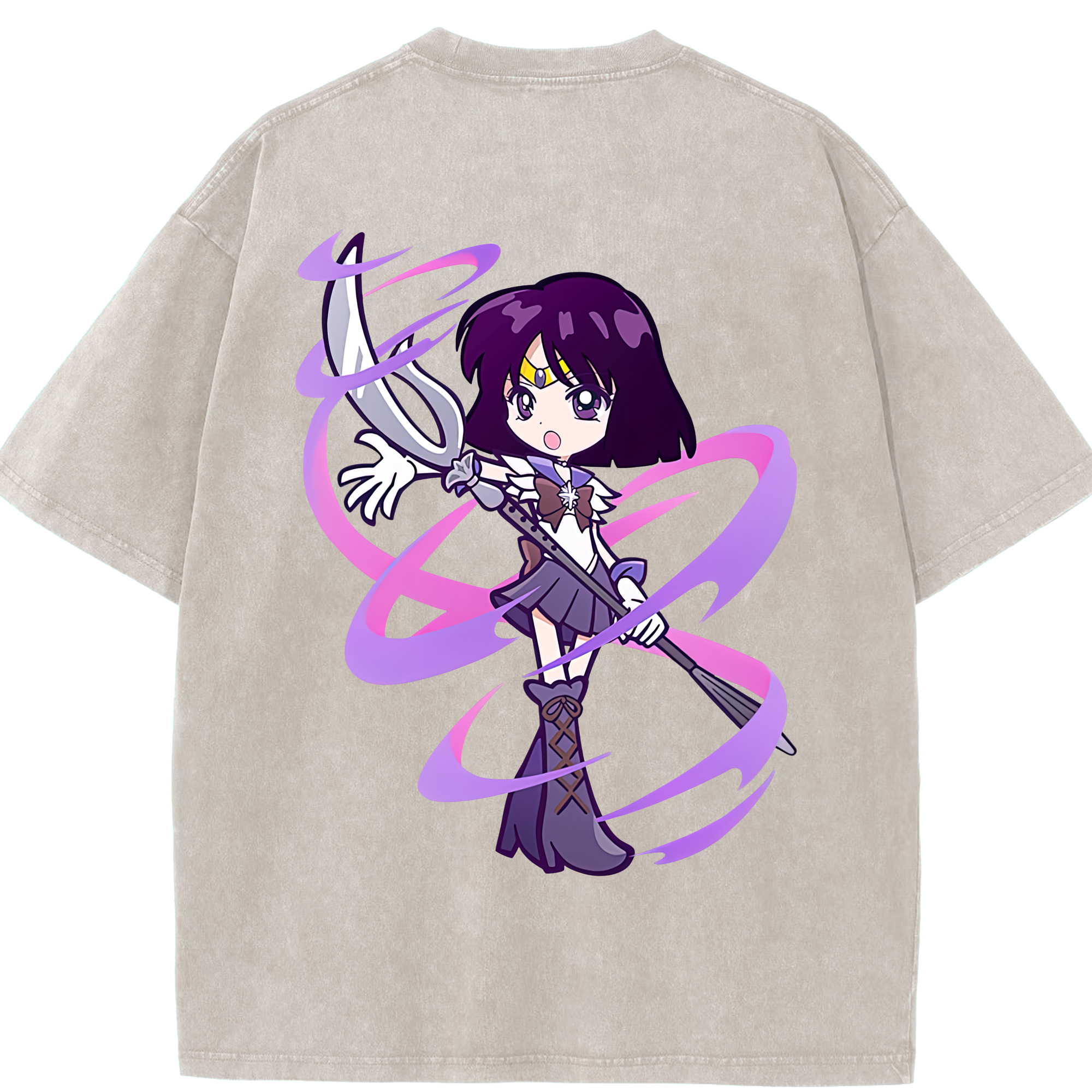 （画像用） 美少女戦士セーラームーン 土萠ほたる Sailor Moon Tomoe Hotaru （セーラーサターン；Sailor Saturn） 綿100% ヴィンテージ風 半袖Tシャツ（背面プリント）