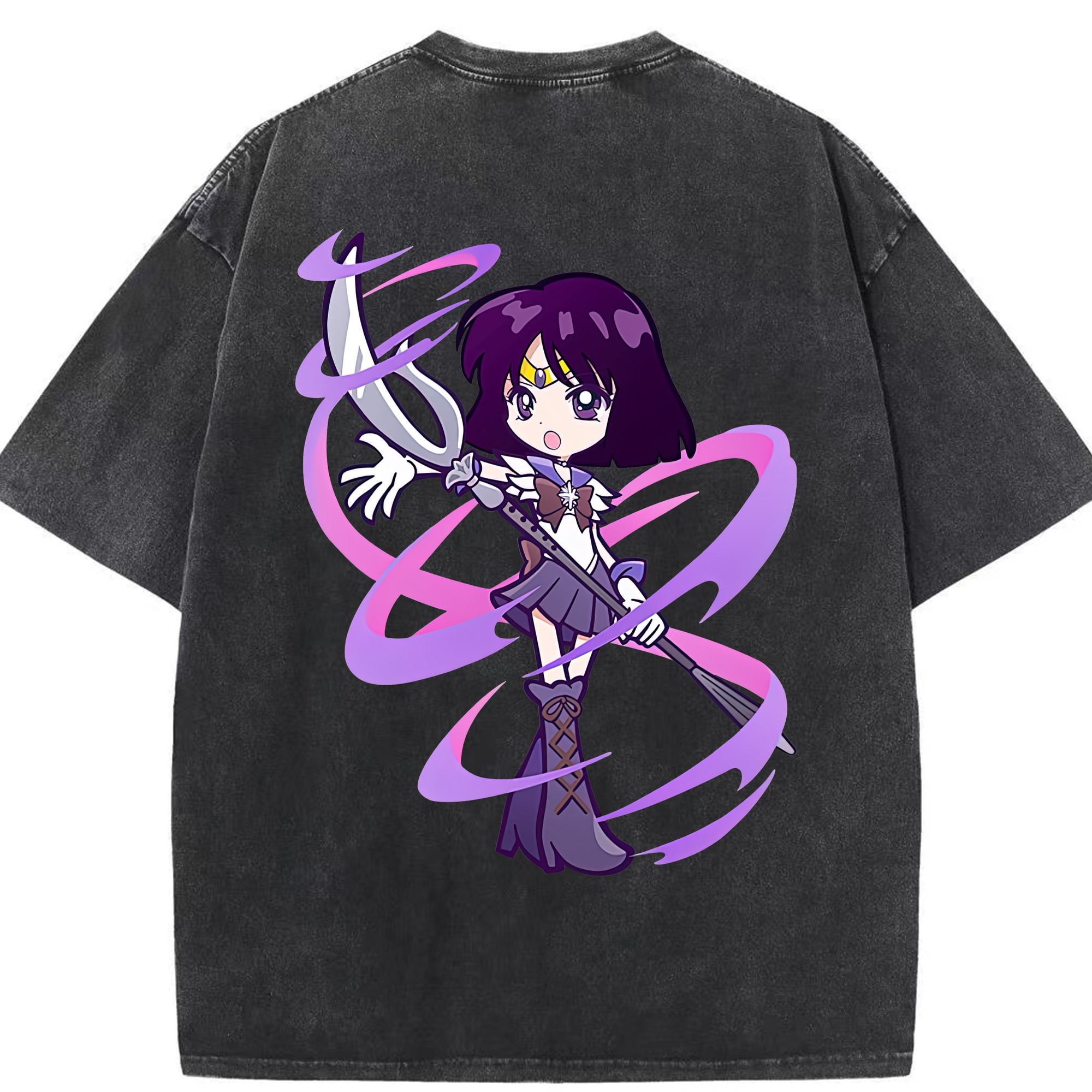 （画像用） 美少女戦士セーラームーン 土萠ほたる Sailor Moon Tomoe Hotaru （セーラーサターン；Sailor Saturn） 綿100% ヴィンテージ風 半袖Tシャツ（背面プリント）