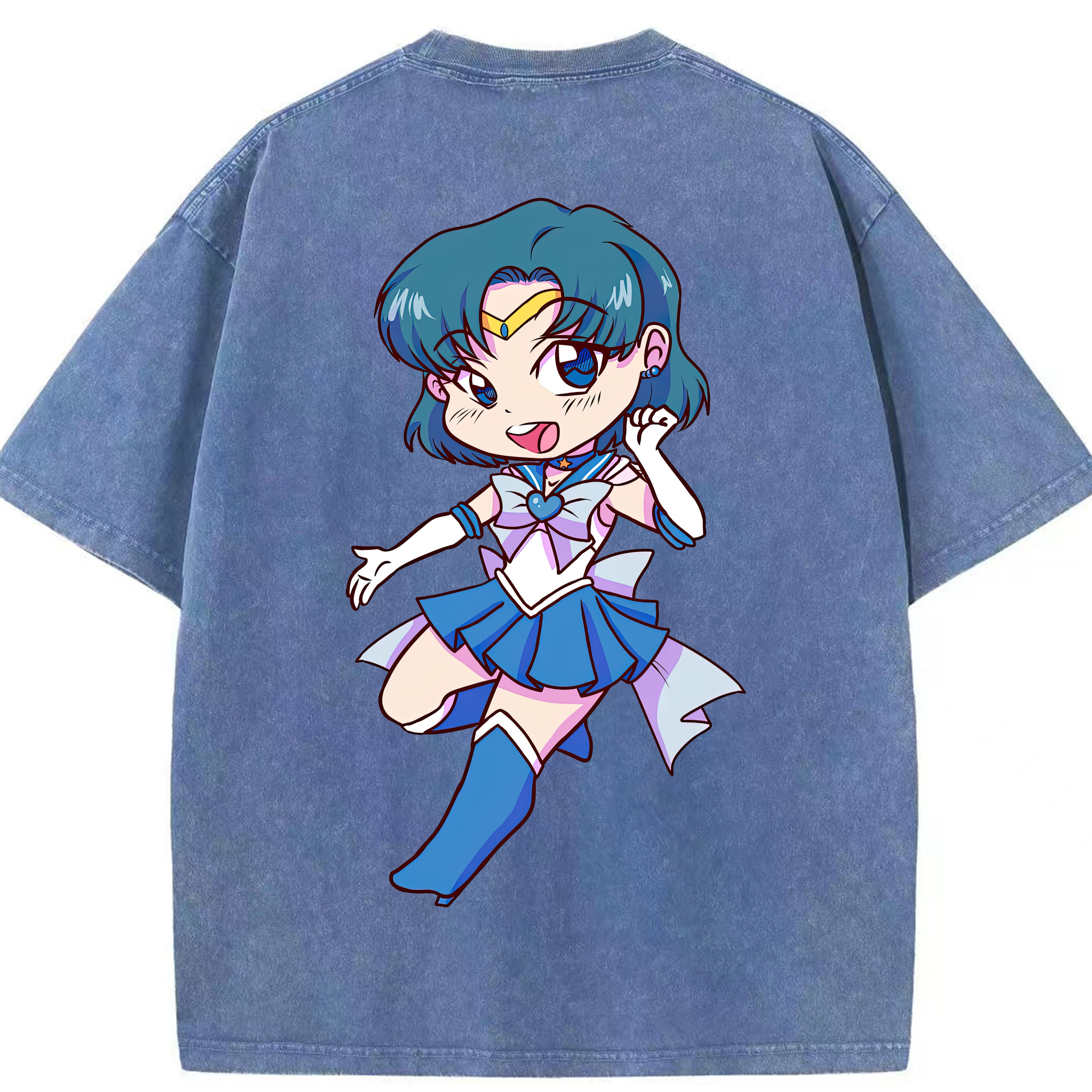 （画像用） 美少女戦士セーラームーン 水野 亜美 みずの あみ Sailor Moon Mizuno Ami 綿100% ヴィンテージ風 半袖Tシャツ（背面プリント）