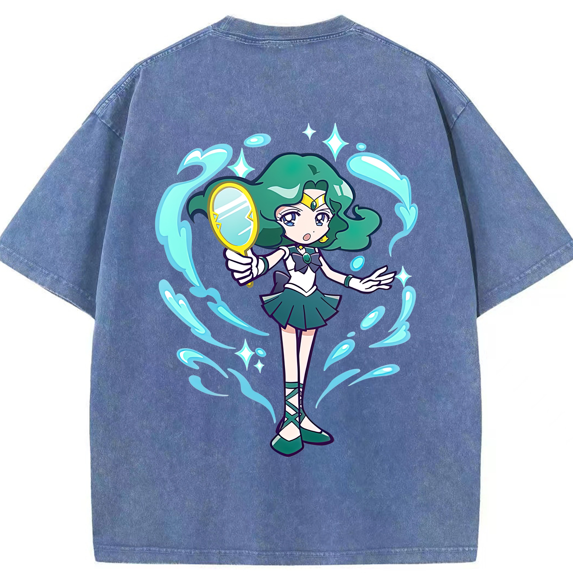 （画像用） 美少女戦士セーラームーン 海王 みちる（かいおう みちる） Sailor Moon Kaiou Michiru 綿100% ヴィンテージ風 半袖Tシャツ（背面プリント）