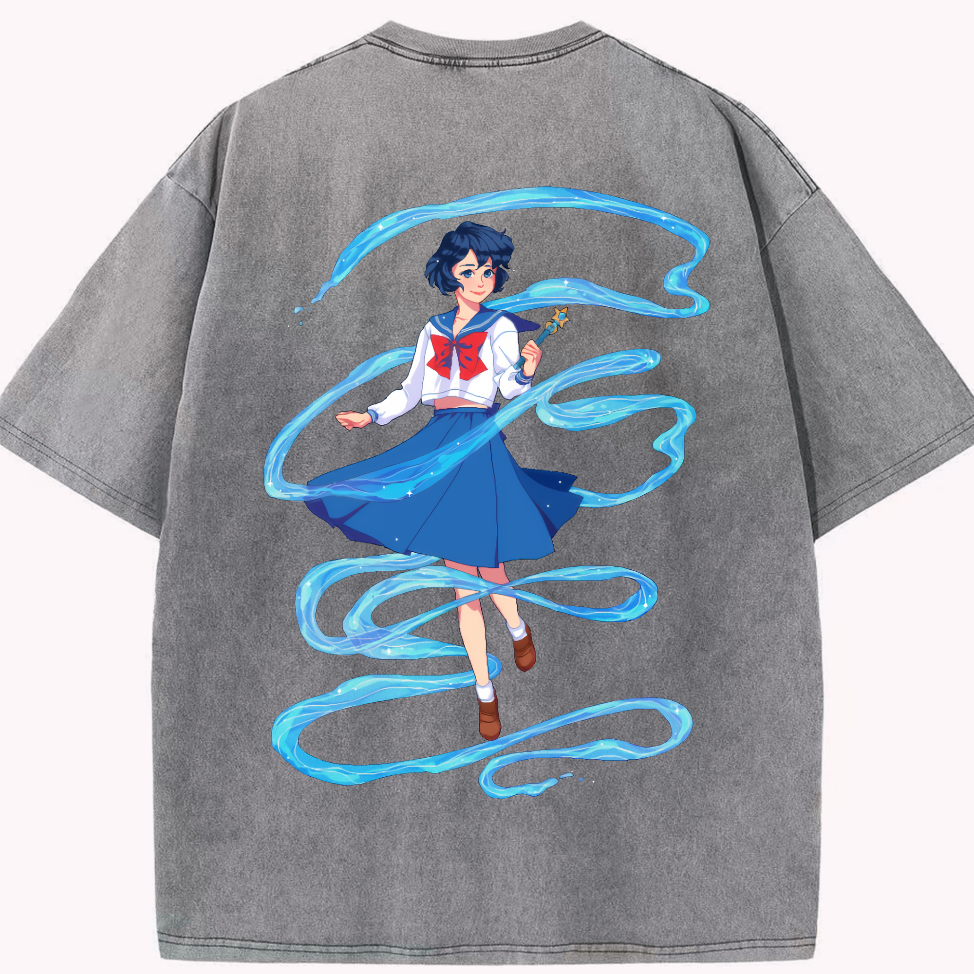 （画像用） 美少女戦士セーラームーン 水野 亜美 みずの あみ Sailor Moon Mizuno Ami 綿100% ヴィンテージ風 半袖Tシャツ（背面プリント）