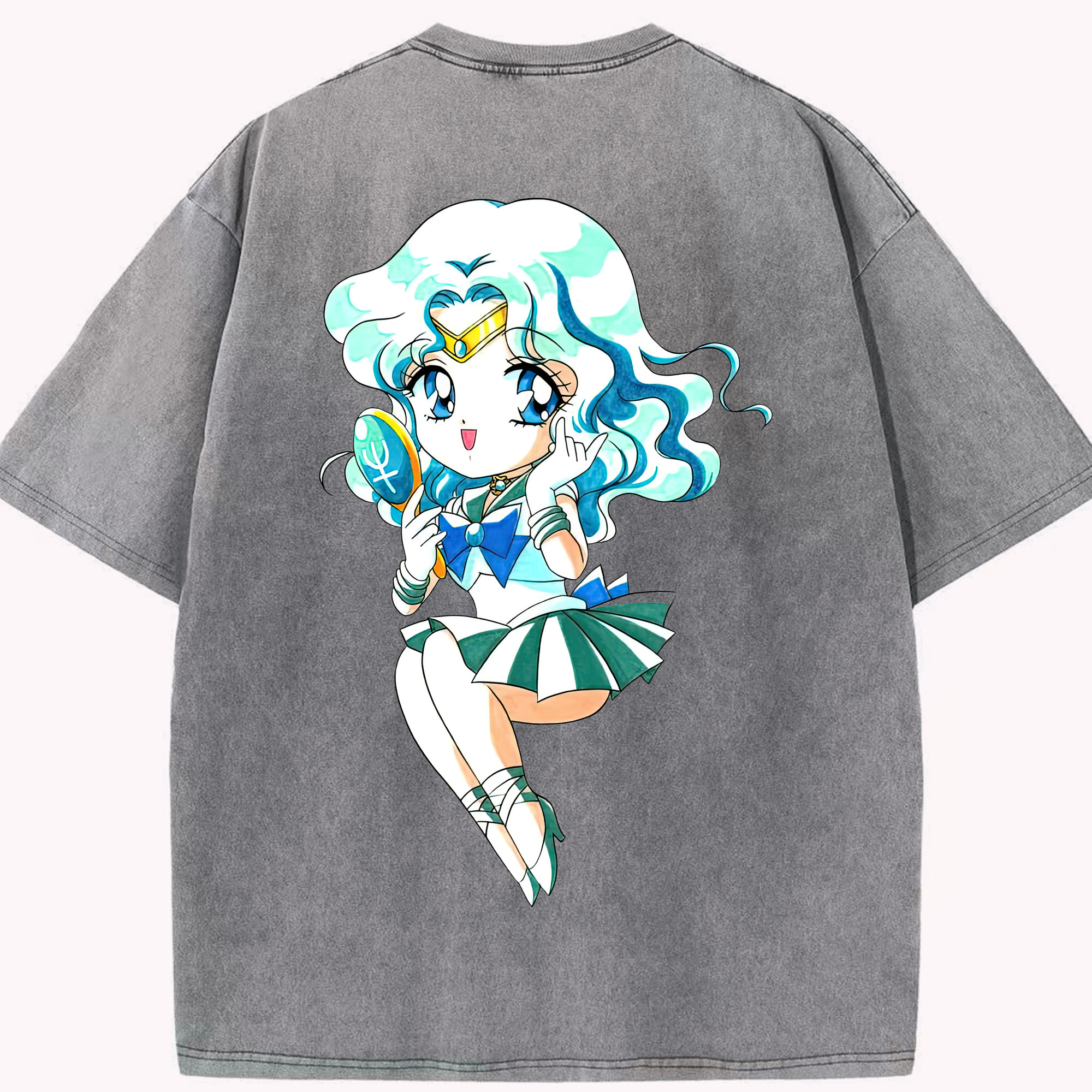 （画像用） 美少女戦士セーラームーン 海王 みちる（かいおう みちる） Sailor Moon Kaiou Michiru 綿100% ヴィンテージ風 半袖Tシャツ（背面プリント）