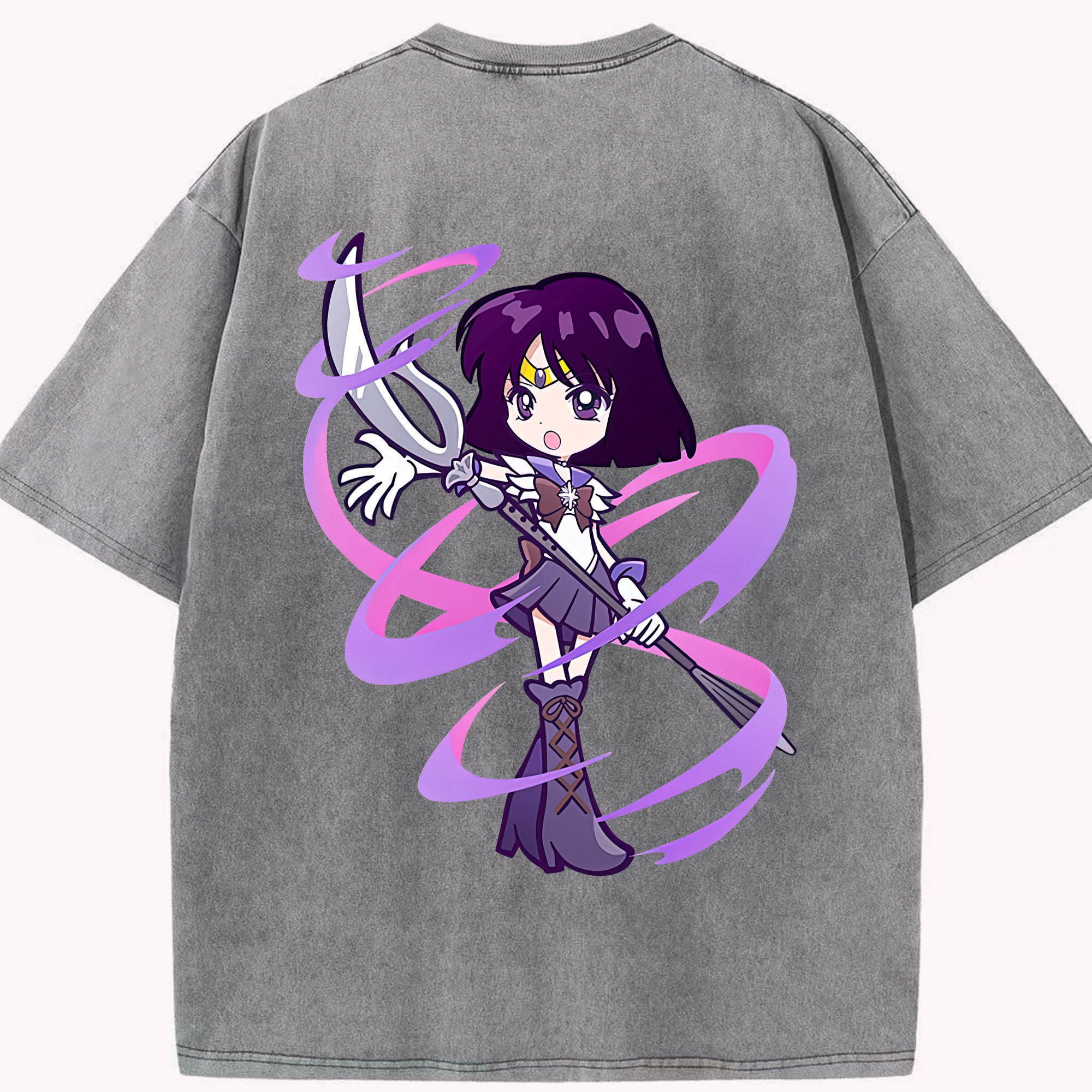 （画像用） 美少女戦士セーラームーン 土萠ほたる Sailor Moon Tomoe Hotaru （セーラーサターン；Sailor Saturn） 綿100% ヴィンテージ風 半袖Tシャツ（背面プリント）