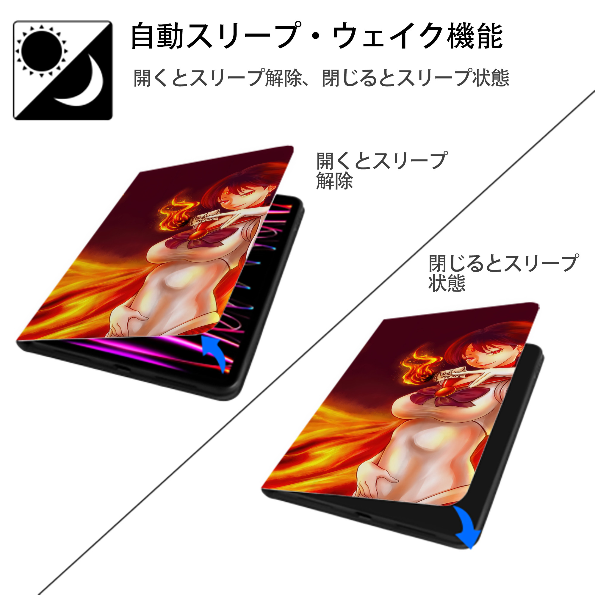 美少女戦士セーラームーン Sailor Moon IPad ケース ブック型 PUレザー TPU 耐衝撃 軽量 薄型 ペン収納なし 全面保護 IPad 各モデル対応