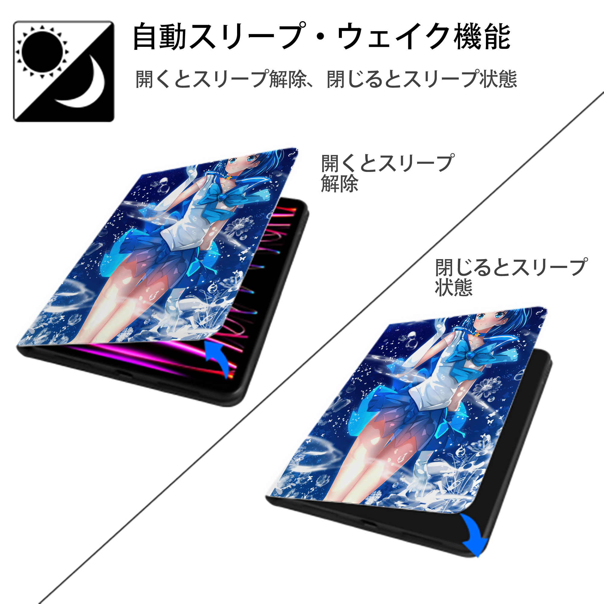 美少女戦士セーラームーン Sailor Moon IPad ケース ペン収納付き 三つ折りスタンド PUレザー×シリコン 対応機種9.5/10.5/10.9インチ