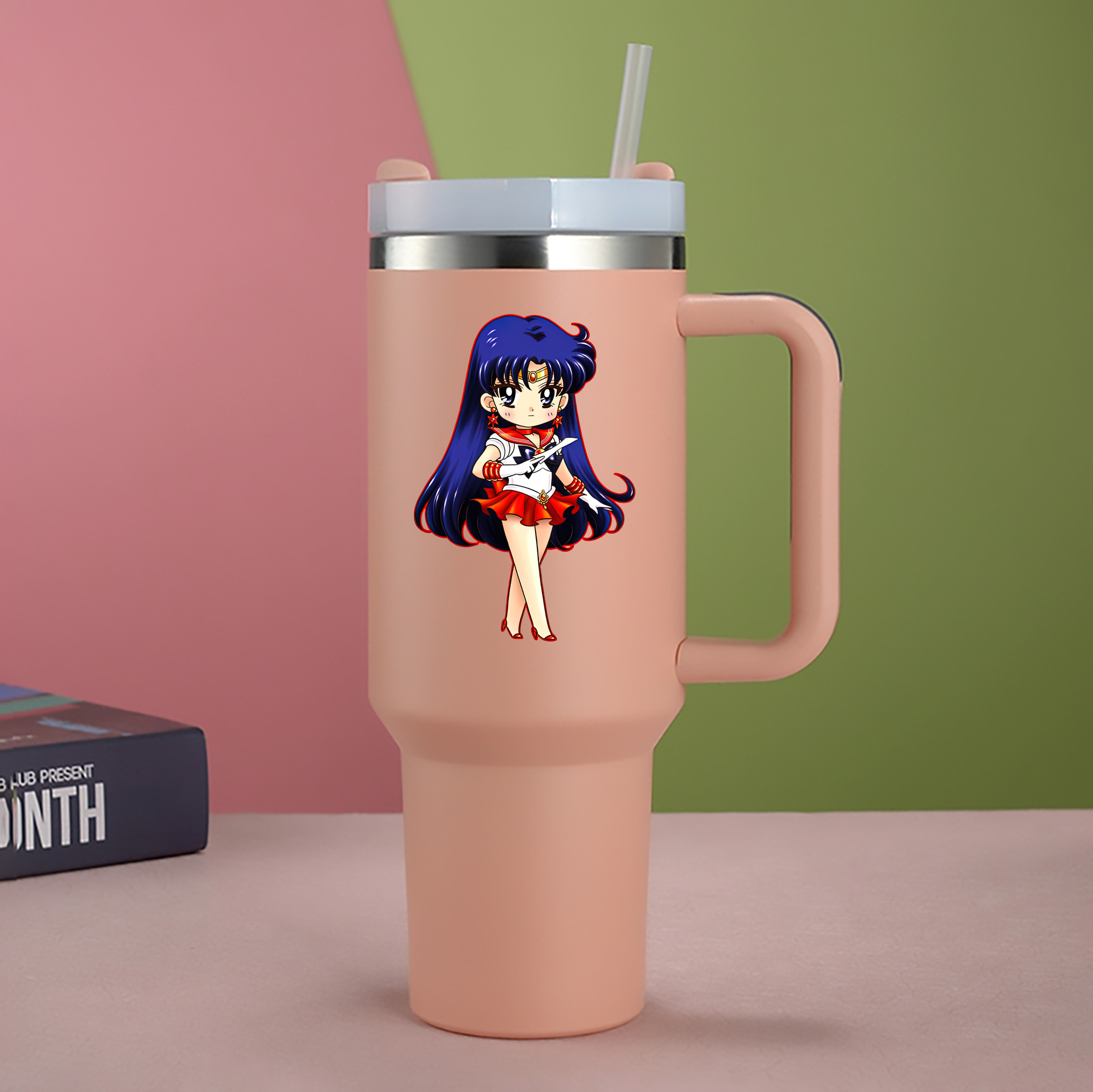 （画像用） 美少女戦士セーラームーン 火野レイ ひの レイ Sailor Moon Hino Rei （セーラーマーズ,Sailor Mars） 1200mL車用タンブラー - クリスタルステッカー（プラスチックストロー付き）