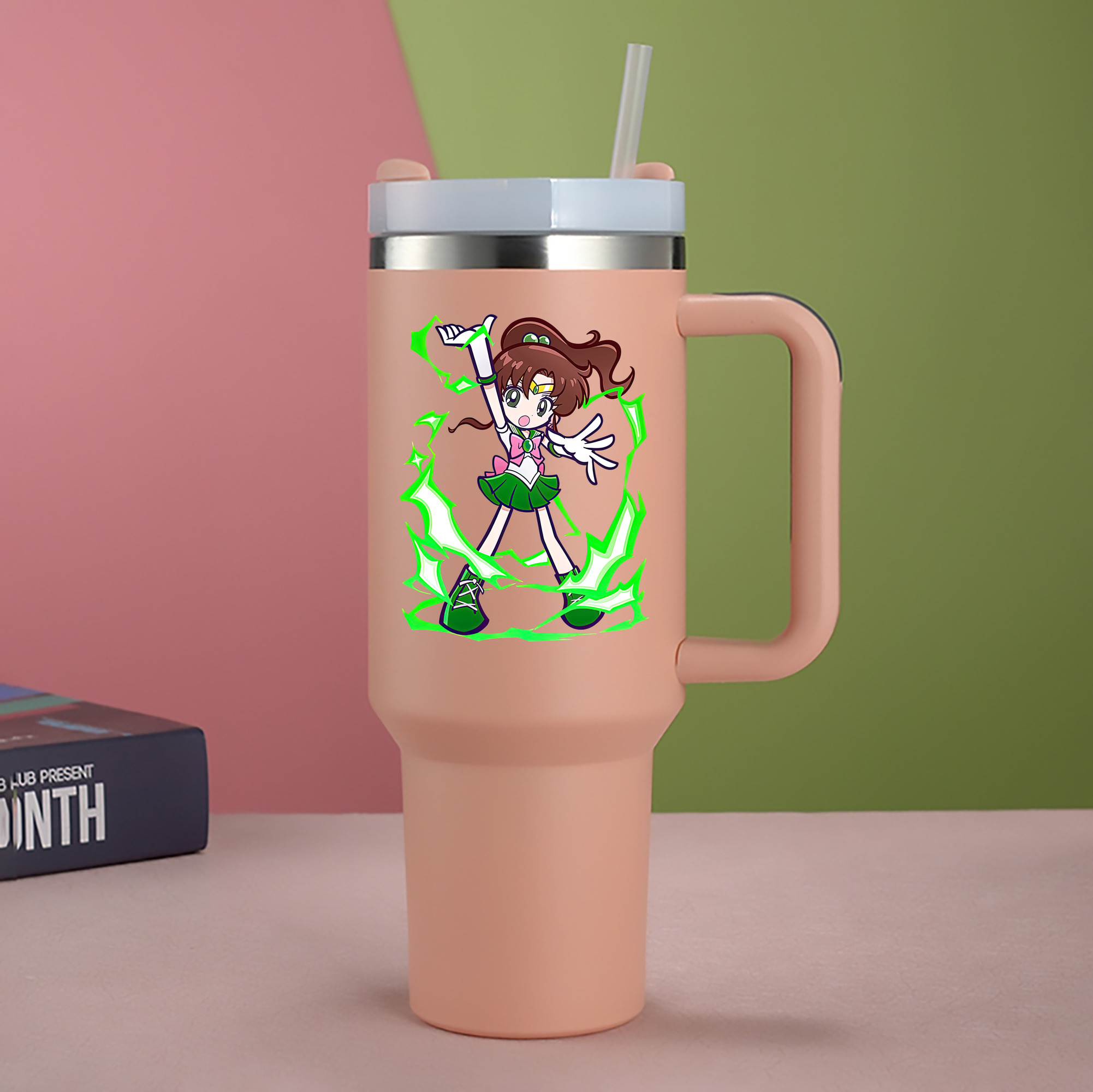 （画像用） 美少女戦士セーラームーン 木野 まこと きの まこと Sailor Moon Kino Makoto （セーラージュピター；Sailor Jupiter） 1200mL車用タンブラー - クリスタルステッカー（プラスチックストロー付き）