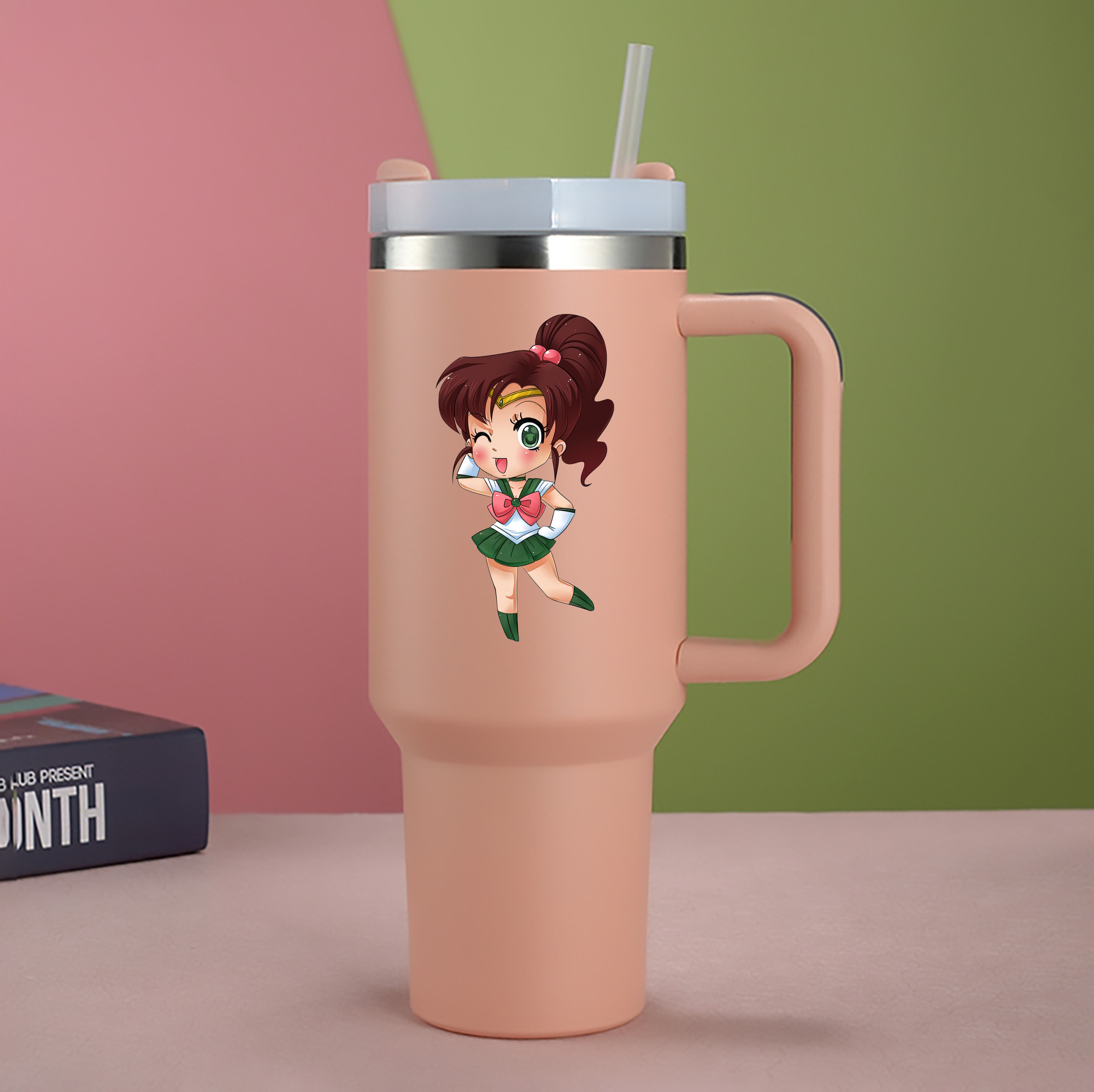 （画像用） 美少女戦士セーラームーン 木野 まこと きの まこと Sailor Moon Kino Makoto （セーラージュピター；Sailor Jupiter） 1200mL車用タンブラー - クリスタルステッカー（プラスチックストロー付き）