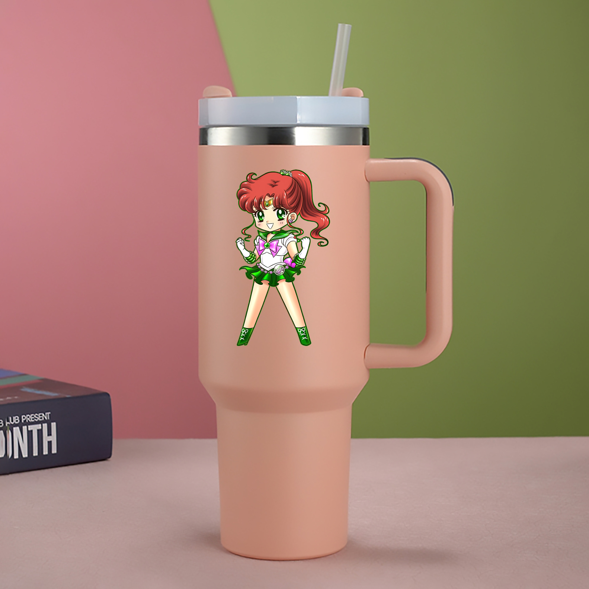 （画像用） 美少女戦士セーラームーン 木野 まこと きの まこと Sailor Moon Kino Makoto （セーラージュピター；Sailor Jupiter） 1200mL車用タンブラー - クリスタルステッカー（プラスチックストロー付き）