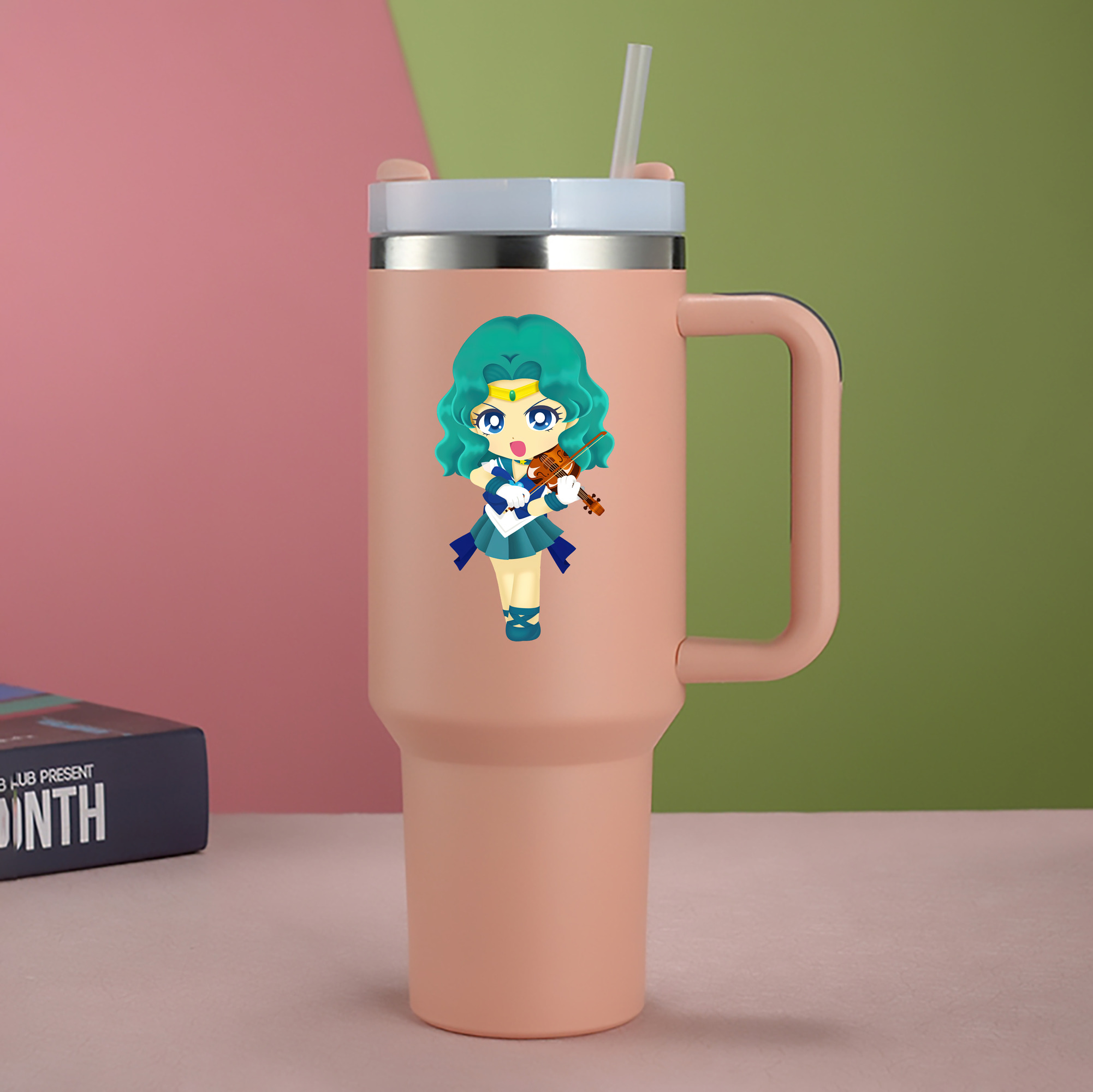 （画像用） 美少女戦士セーラームーン 海王 みちる（かいおう みちる） Sailor Moon Kaiou Michiru 1200mL車用タンブラー - クリスタルステッカー（プラスチックストロー付き）