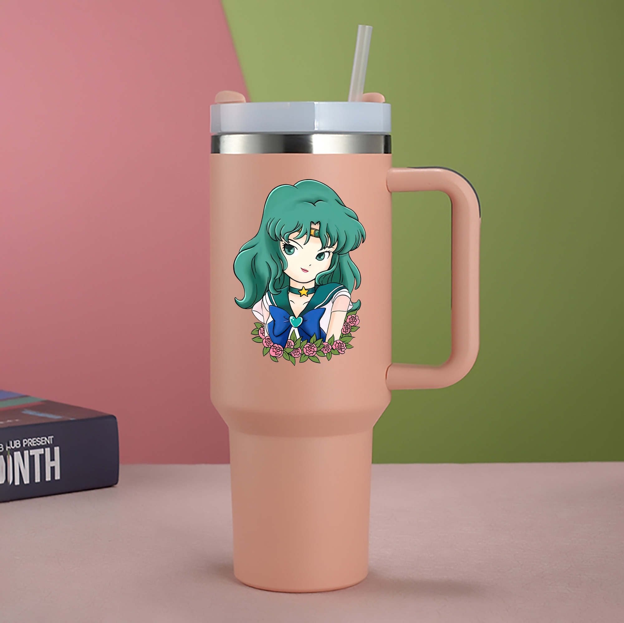 （画像用） 美少女戦士セーラームーン 海王 みちる（かいおう みちる） Sailor Moon Kaiou Michiru 1200mL車用タンブラー - クリスタルステッカー（プラスチックストロー付き）