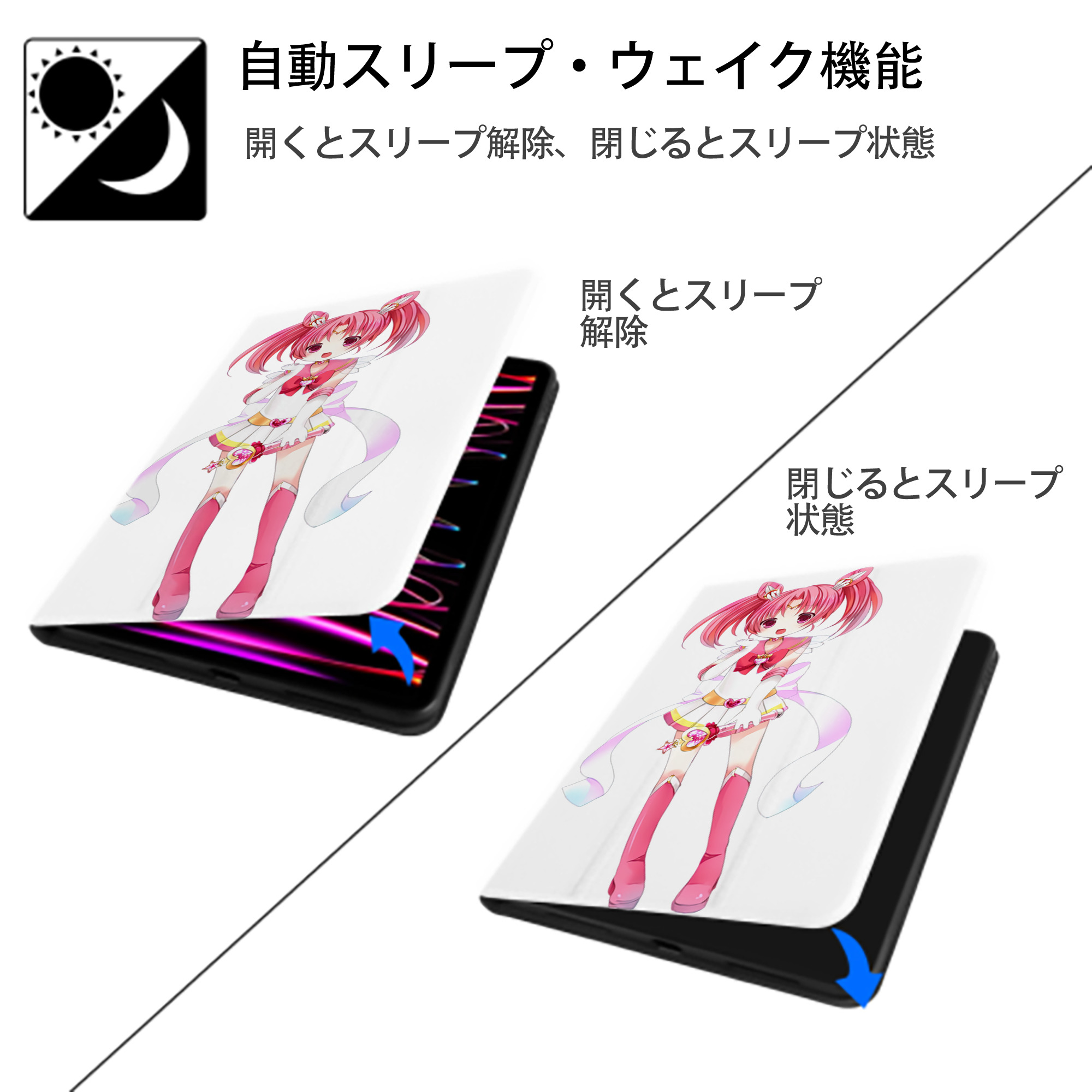 美少女戦士セーラームーン ちびうさ Sailor Moon Chibiusa Tsukino Usagi Small Lady Serenity IPad ケース ペン収納付き 三つ折りスタンド PUレザー×シリコン 対応機種9.5/10.5/10.9インチ