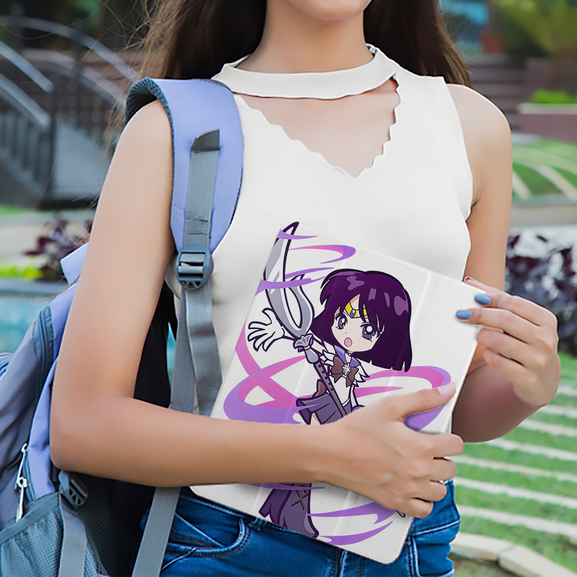 美少女戦士セーラームーン 土萠ほたる Sailor Moon Tomoe Hotaru （セーラーサターン；Sailor Saturn） IPad ケース ペン収納付き 三つ折りスタンド PUレザー×シリコン 対応機種9.5/10.5/10.9インチ