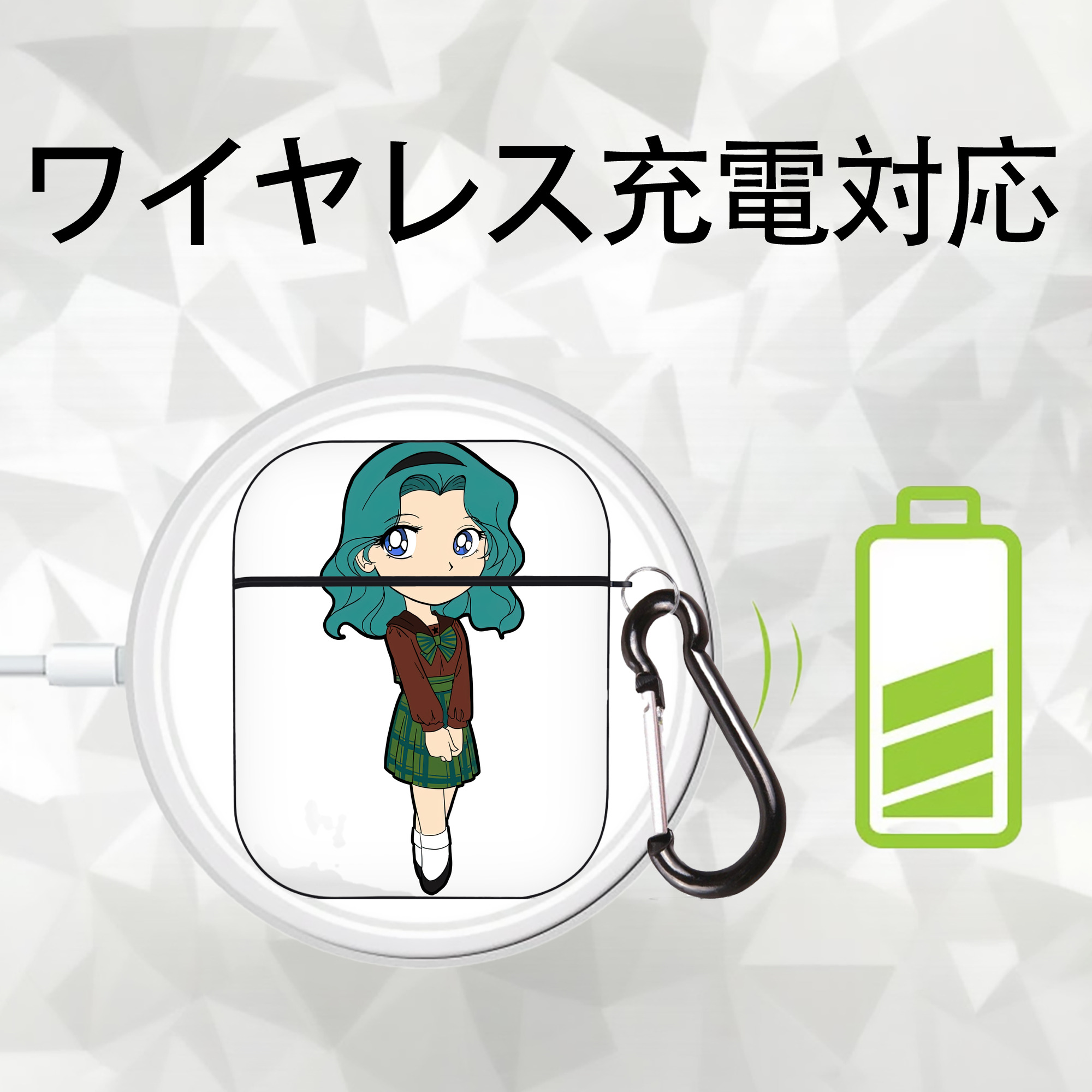 美少女戦士セーラームーン 海王 みちる（かいおう みちる） Sailor Moon Kaiou Michiru AirPods 第2世代保護ケース ハードシェル ブラック 耐衝撃・防指紋・カラビナ付き